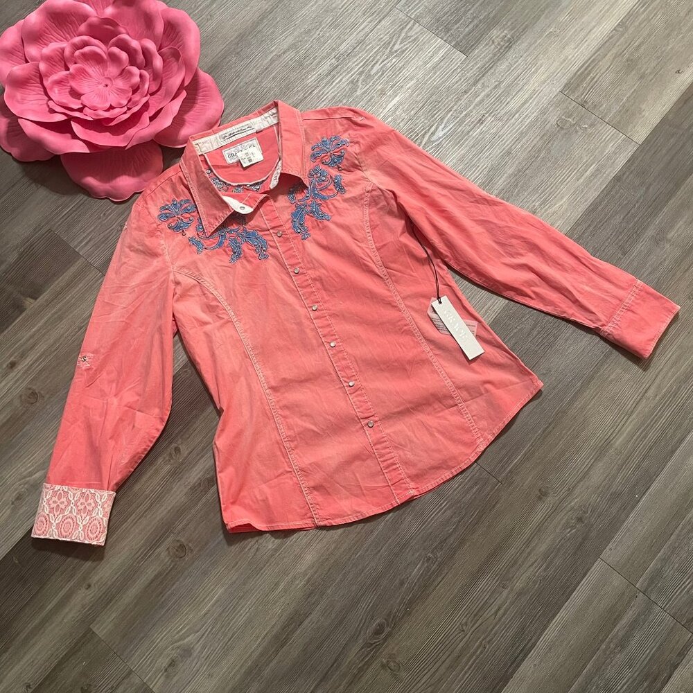 GRACE IN LA Sz L Western Shirt Embroidered Rhinestones‎ Pearl Snap Flip Cuff